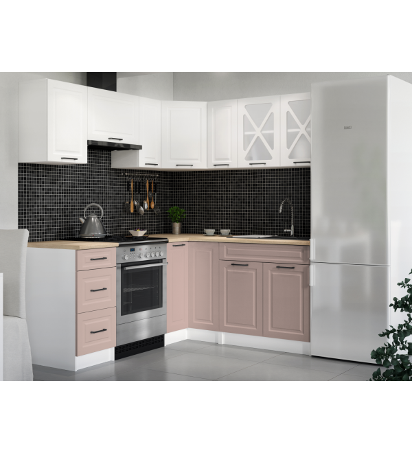 Rohová kuchyňská linka RUMONA SCANDI 190x170cm bílá + růžově béžová