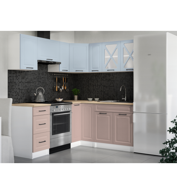 Rohová kuchyňská linka RUMONA SCANDI 190x170cm světle modrá + růžově béžová