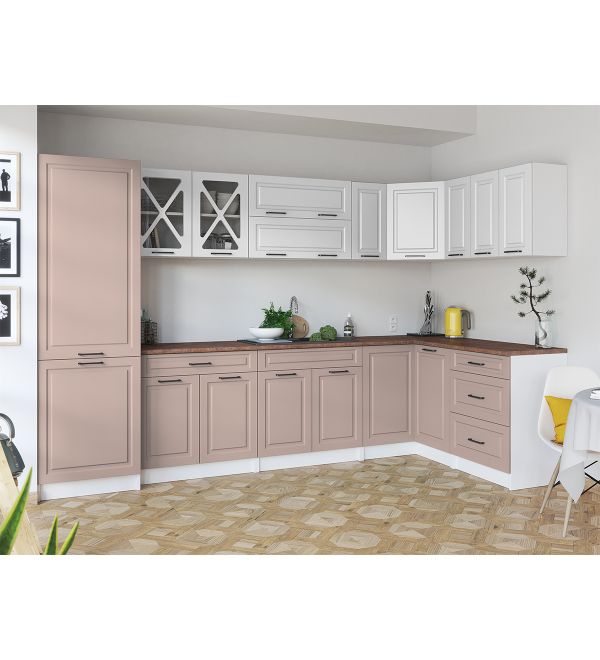 Rohová kuchyňská linka EROS SCANDI 310/150 bílá + růžově béžová