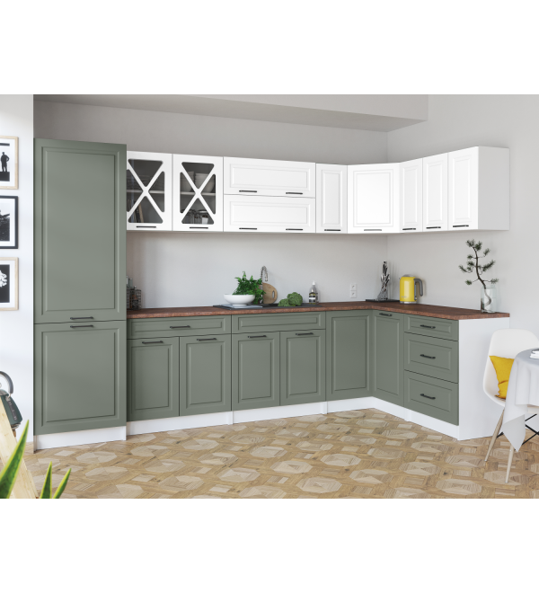 Rohová kuchyňská linka EROS SCANDI 310/150 bílá + zelená 2