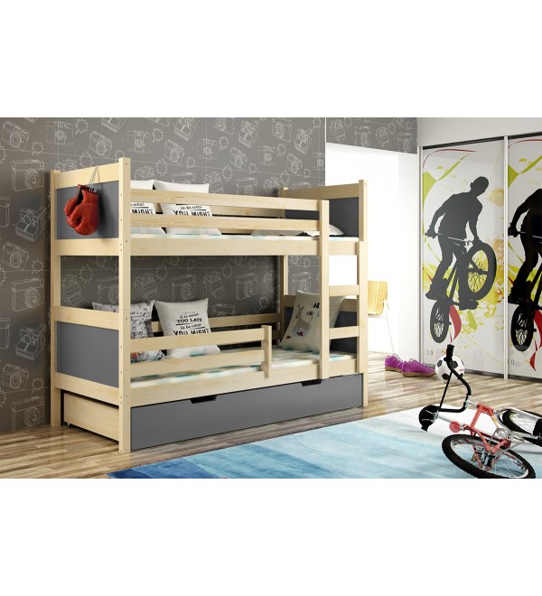 Patrová postel palanda Leon borovice šedá 185x80 cm + MATRACE